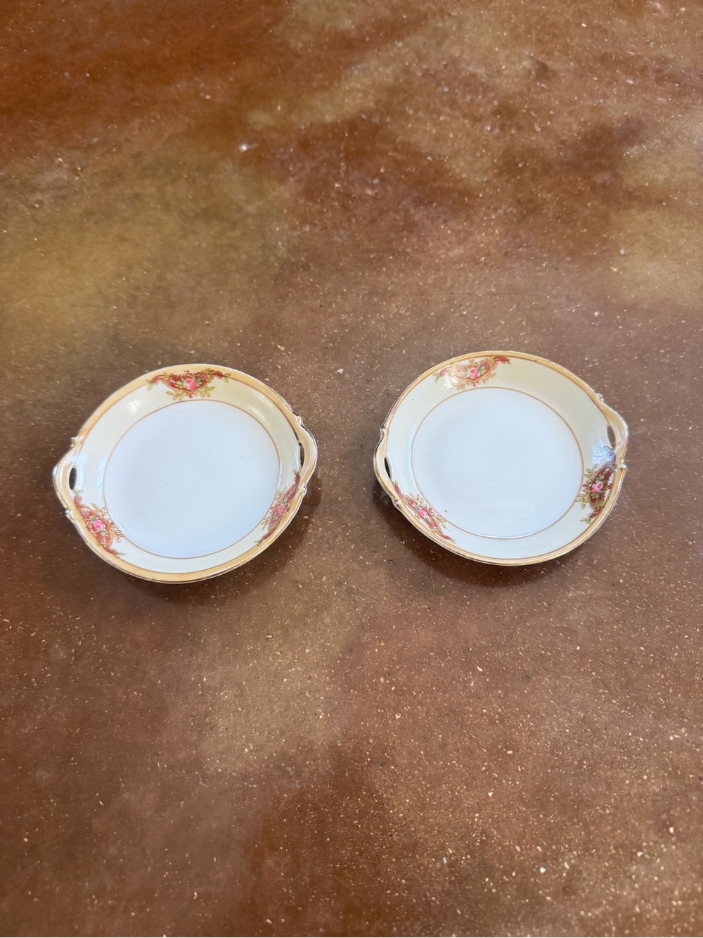 Nippon Hand-Painted Gold Trim Floral Handled Candy or Trinket Dish Set of 2